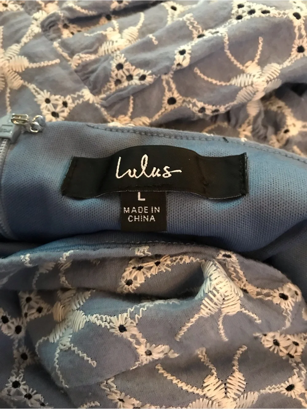 Lulu's Fit to Frolic Blue Eyelet Lace Puff Sleeve Babydoll Dress Sz L - Picture 8 of 9